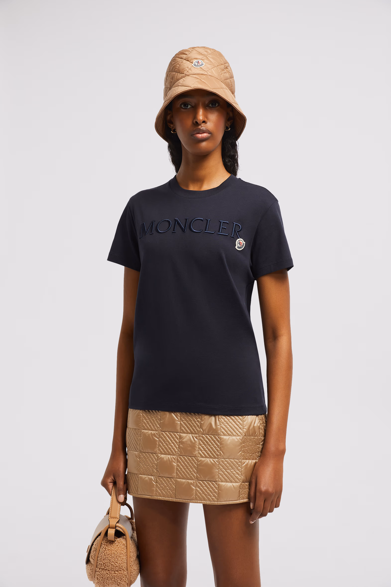 Embroidered Logo Cotton T-Shirt Women Night Blue Moncler 0